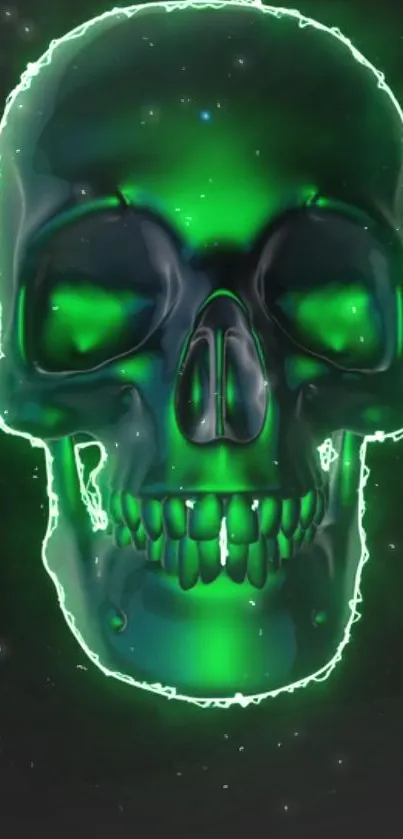 Neon green glowing skull on dark background wallpaper.