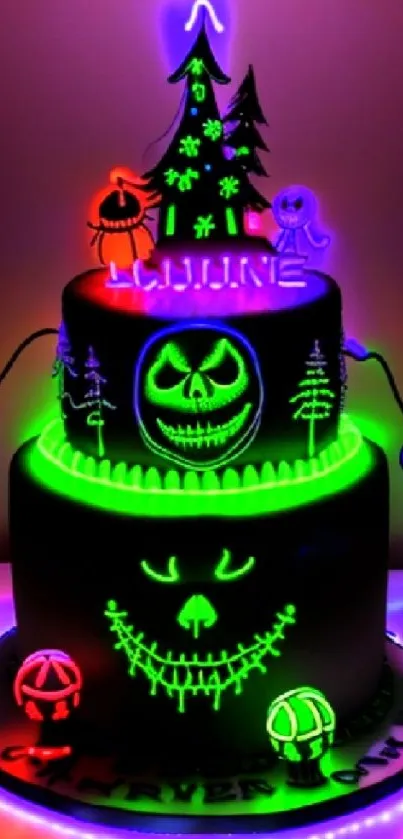 Glowing neon Halloween cake with spooky decorations and vibrant colors.