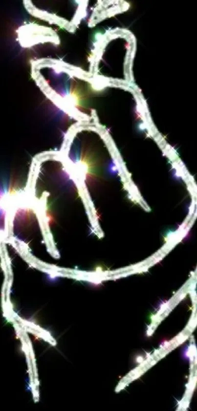 Neon hand gesture with heart on black background, colorful glow.