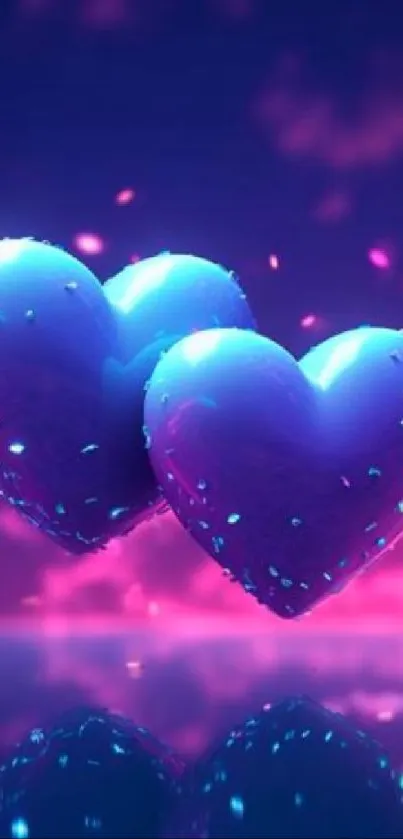 Glowing neon hearts with vibrant colors against a dreamy night sky backdrop.