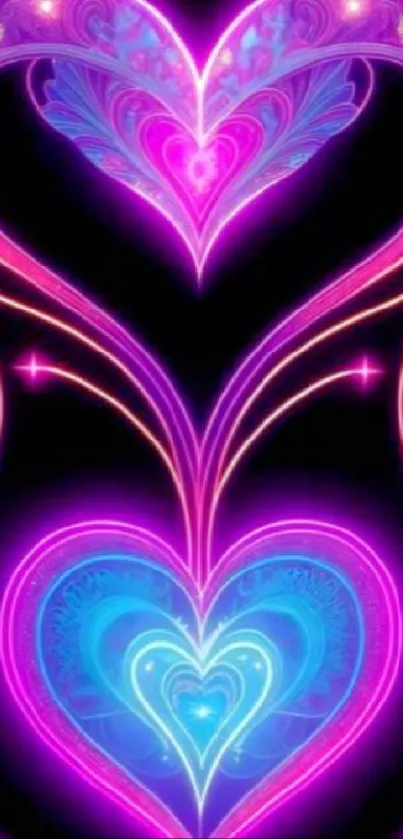 Neon hearts in pink and blue on a dark background.