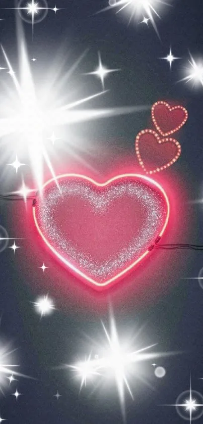 Glowing neon heart with sparkly stars on a dark background.