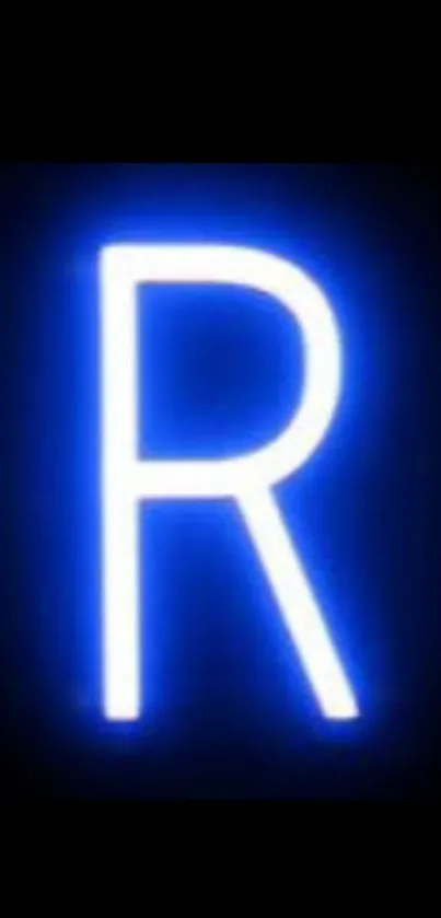 Blue neon letter 'R' glowing on a black background.