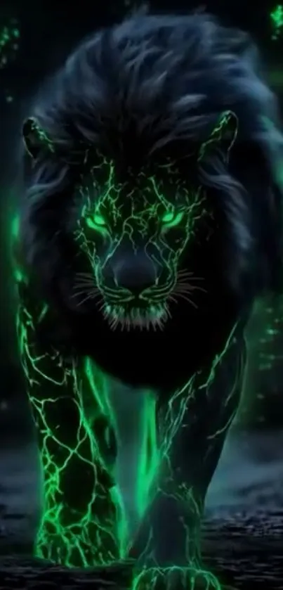 Neon green lion glowing in the dark, mystical vibe.