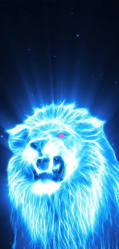 Glowing neon lion with electric blue tones on a dark background.