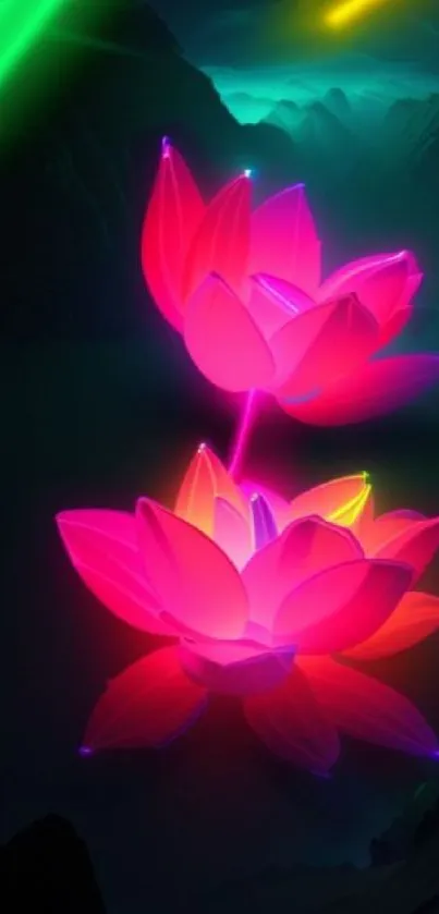 Vibrant neon lotus flowers with glowing pink and green hues on a dark background.