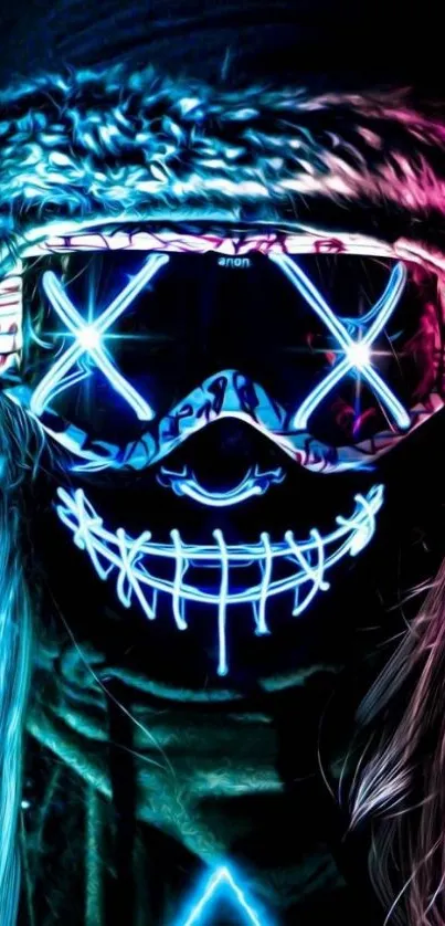 Neon mask glowing in vibrant colors, perfect for mobile wallpaper.