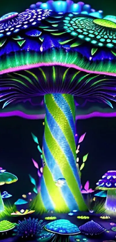 Vibrant neon mushroom digital art wallpaper with glowing colors.