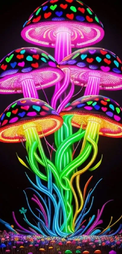 Colorful neon mushrooms glowing on black background.