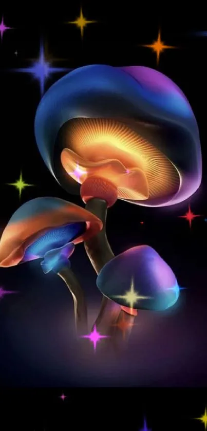 Neon glowing mushrooms on a dark background, creating a vibrant visual display.