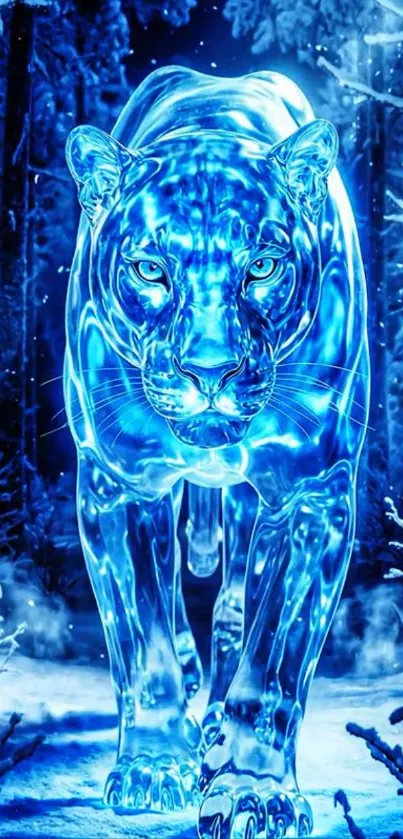 Glowing blue panther in snowy forest wallpaper.