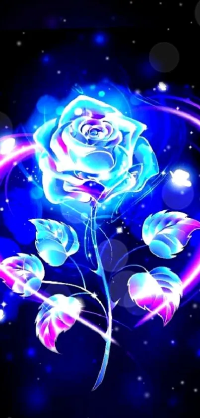 Neon blue rose wallpaper with vibrant colors and a dark background.