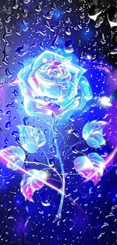 Glowing neon blue rose with raindrops on black background.