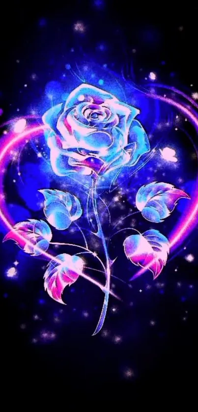 Vibrant neon rose with glowing petals and abstract design on a dark background.