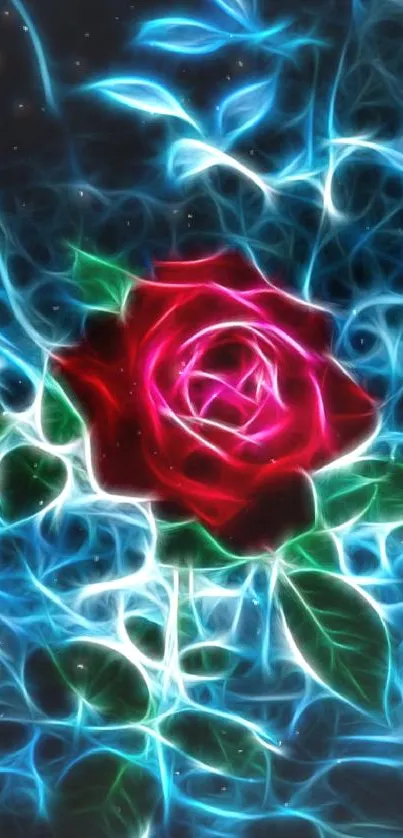 Neon red rose with glowing blue background.