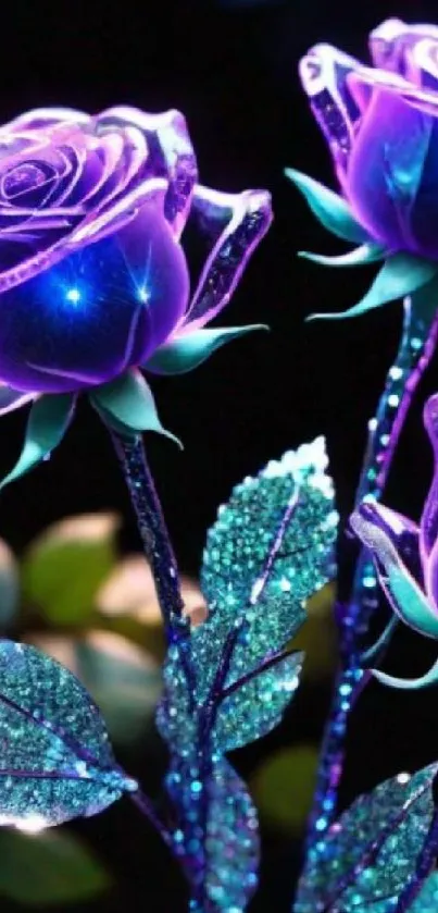 Beautiful neon purple roses glowing in the dark with vibrant green leaves.