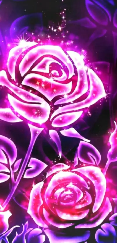 Vibrant neon roses glowing in purple hues.