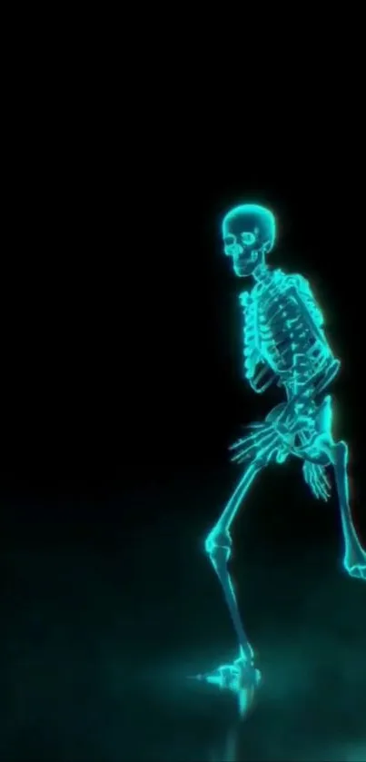 Glowing neon blue skeleton on a dark background, creating a futuristic look.