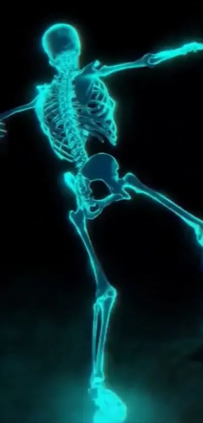 Neon skeleton with a glowing effect on a dark background.