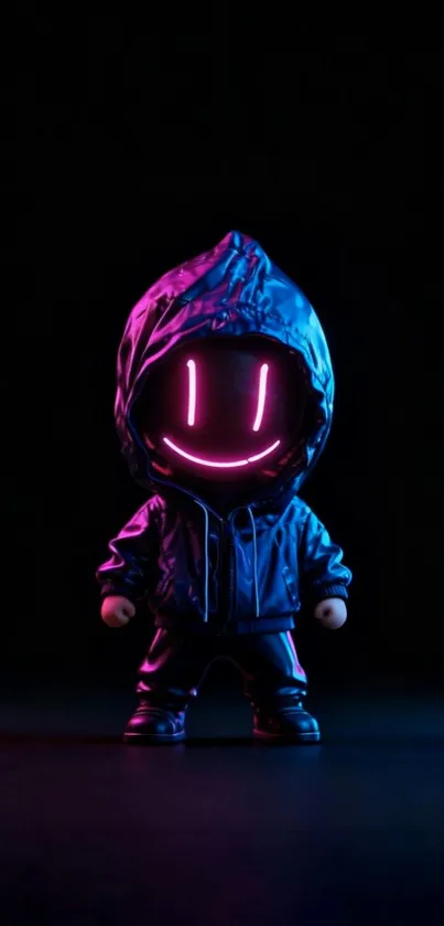 Neon smiley character in a hoodie with glowing effects on a dark background.