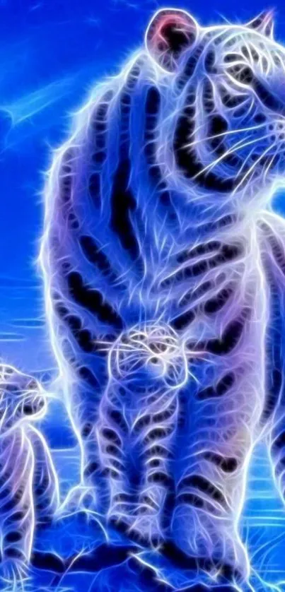 Neon glowing tiger with cubs under starry sky.