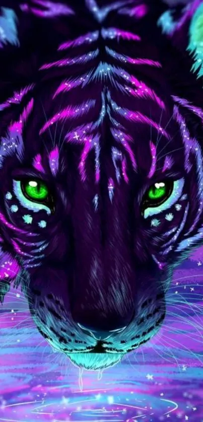 Vibrant neon tiger with glowing eyes.