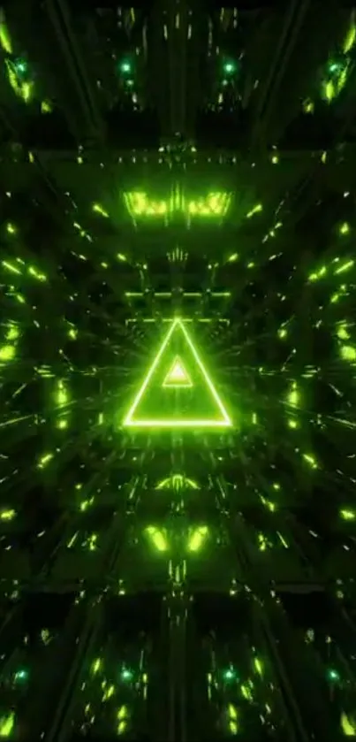 Neon green triangle with abstract, futuristic design.