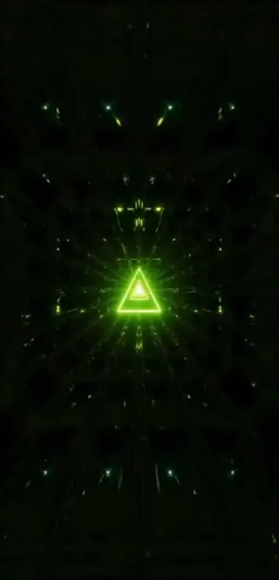 Neon green glowing triangle on dark background wallpaper.