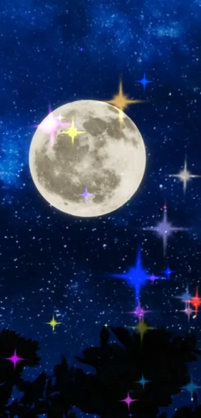 Full moon in a starry night sky with colorful stars shining.