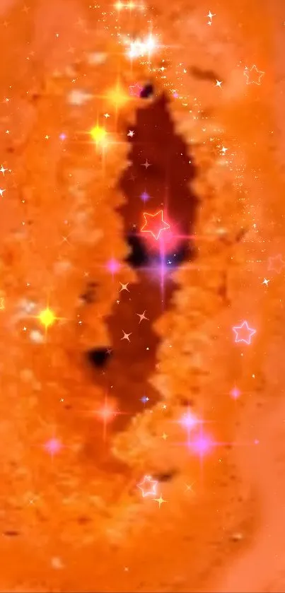 Abstract orange wallpaper with glowing stars.