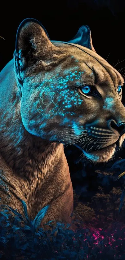 Glowing panther with digital art effects in a jungle setting.