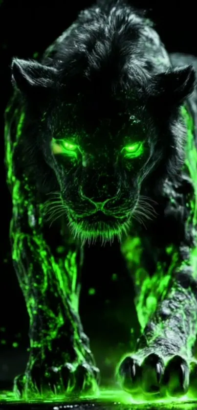 A glowing green panther prowling in darkness.