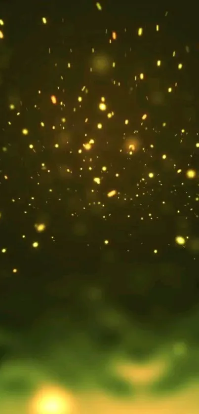 Glowing golden particles on a dark green background mobile wallpaper.