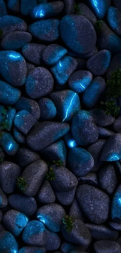 Dark pebbles with glowing blue lines form a stunning mobile wallpaper.