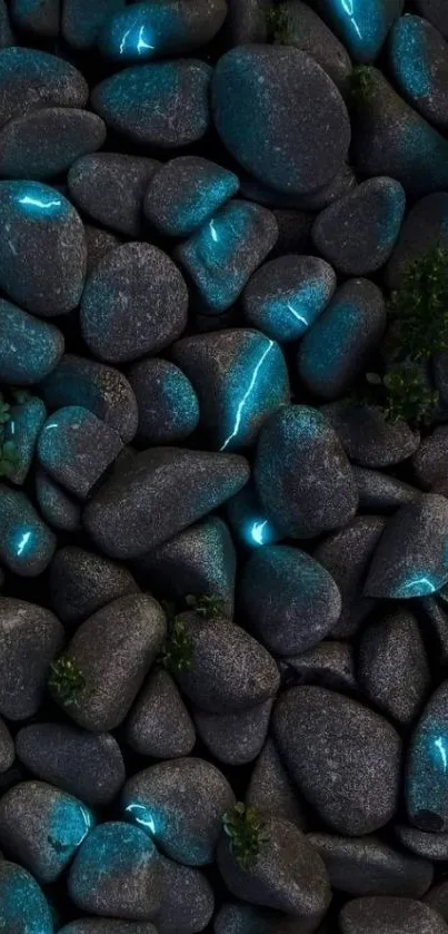 Dark stones with glowing aqua lights and green accents in a mobile wallpaper.