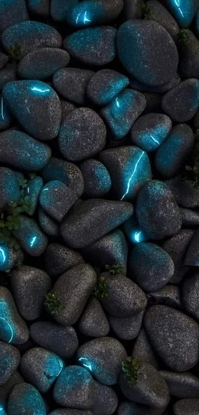 Glowing blue pebbles on a dark textured background.