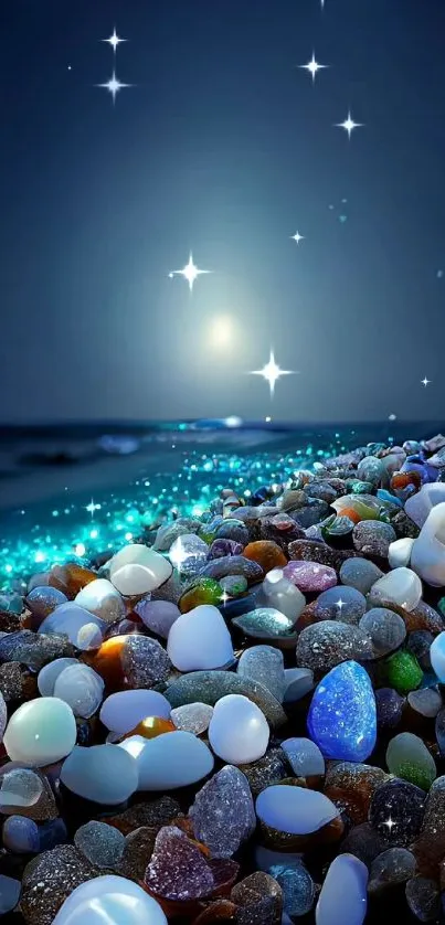 Glowing pebbles on a moonlit beach at night, creating a mystical ambiance.