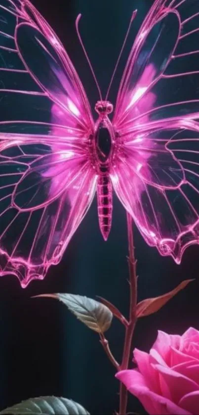 Glowing pink butterfly on a rose wallpaper