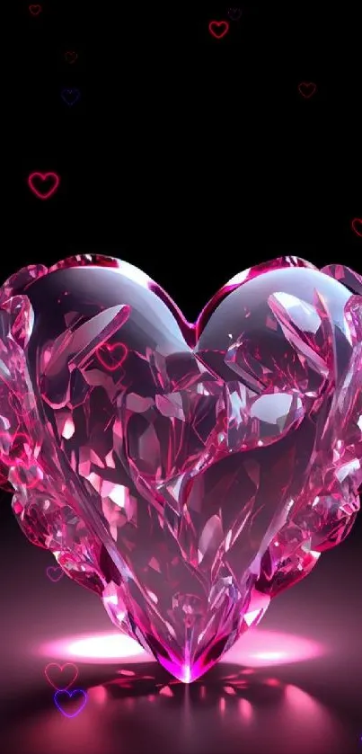 Glowing pink crystal heart on black background wallpaper.