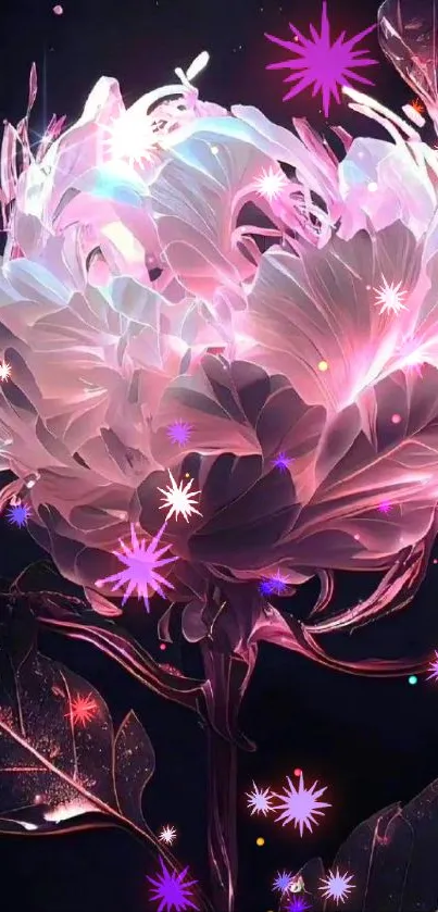 A glowing pink fantasy flower on a dark background.