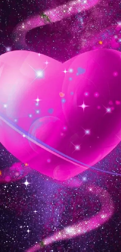 Glowing pink heart on a vibrant galaxy background wallpaper.