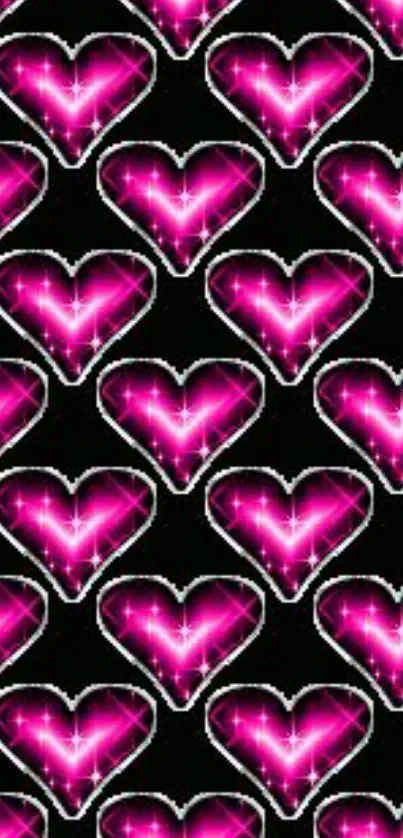 Vibrant pink glowing hearts on a black background.