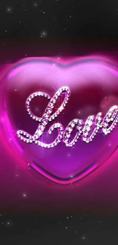Glowing pink heart with 'Love' text in sparkling design.