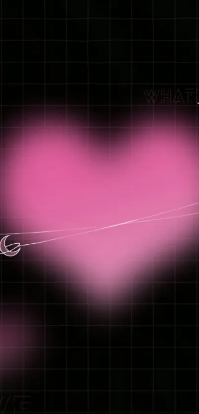 Glowing pink heart on black grid wallpaper.