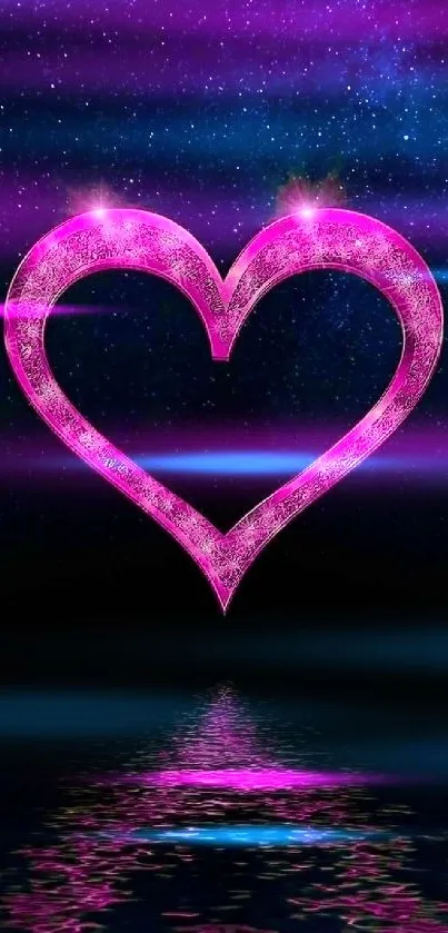 A glowing pink heart over cosmic water reflection wallpaper.