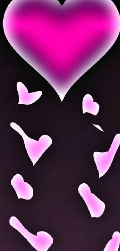 A dark wallpaper with glowing pink hearts and a romantic design.