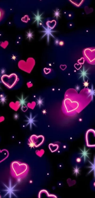 Glowing pink hearts on dark wallpaper background.