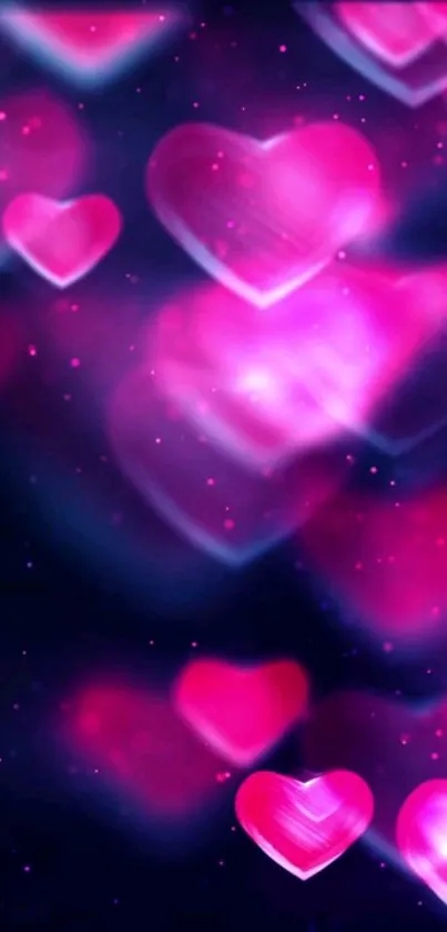 Mobile wallpaper with glowing pink hearts on a dark background.