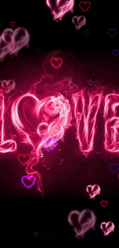 Glowing neon pink love and heart design wallpaper.