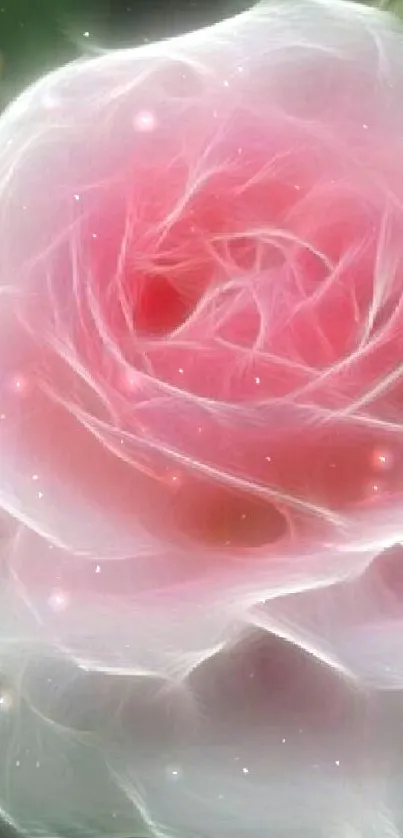 Glowing pink rose with ethereal white tinges against a dark background.